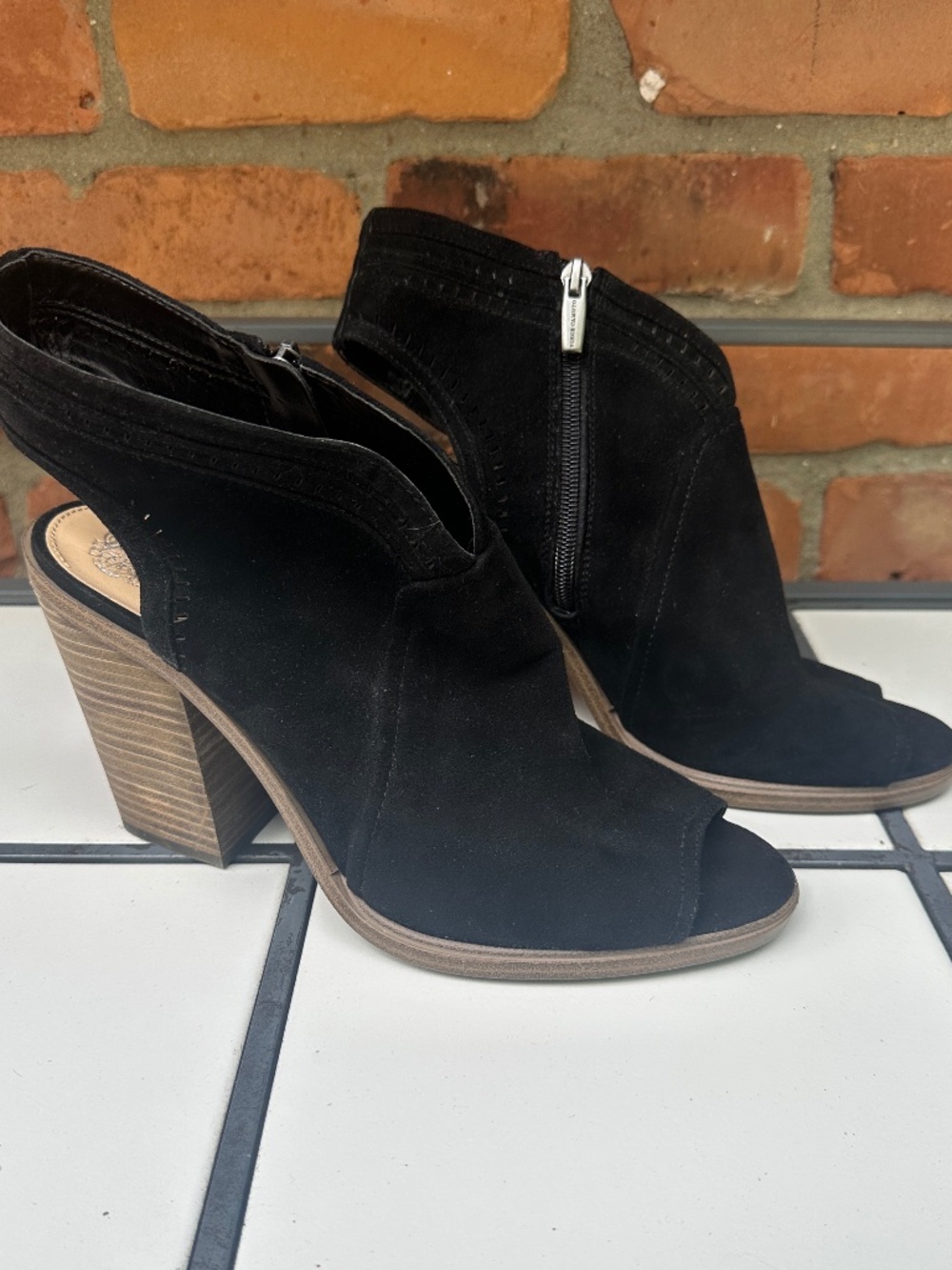 NEW Vince Camuto Koral Black Suede Peep Toe Cutout Booties